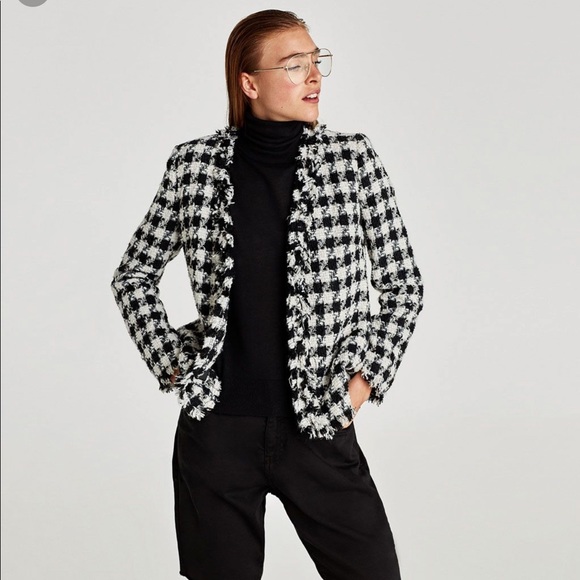 Zara Frayed Checked Blazer - Picture 1 of 8